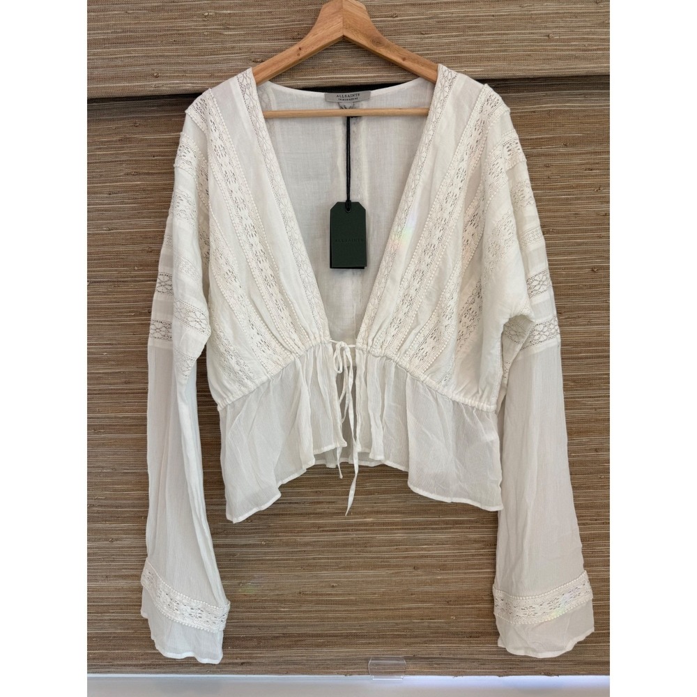 NWT AllSaints Chlo Broderie Top Wht Lace Feminine Cottage Core Cotton Size 10/L